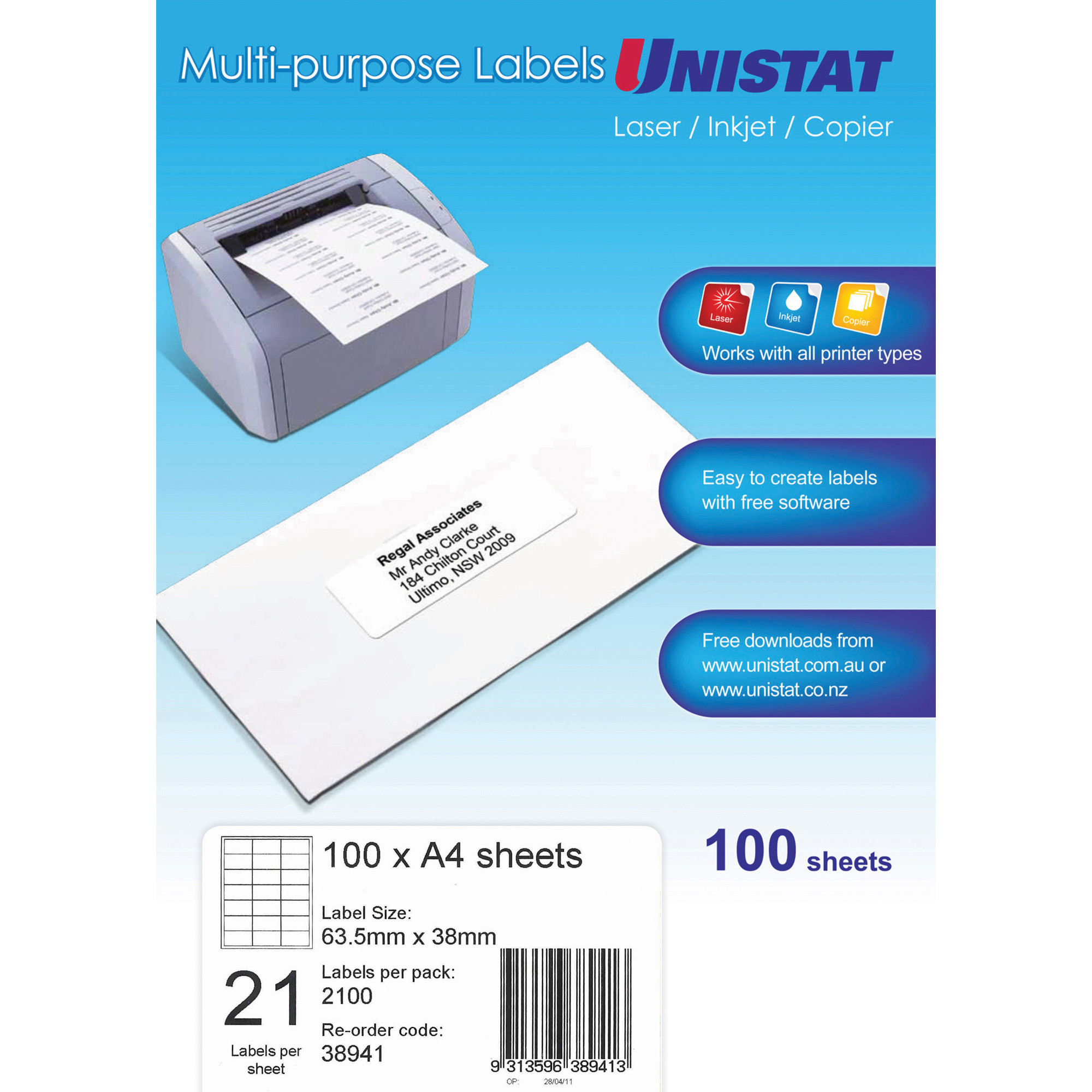Unistat Labels 21Up 63.5x38mm 100 Shts / Box Laser/Inkjet/Copier